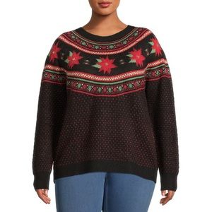 Holiday Time Women's Plus Poinsettia Sweater
